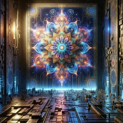 The primary subject of the image is a large, colorful, and intricate mosaic or painting of a flower. The setting is a room with a backdrop of a wall, which features a mosaic or painting of a flower. The visual style of the image is a combination of digital art and illustration, creating a vibrant and artistic atmosphere. The dominant colors in the image are blue, purple, and orange, which contribute to the overall mood of the scene.